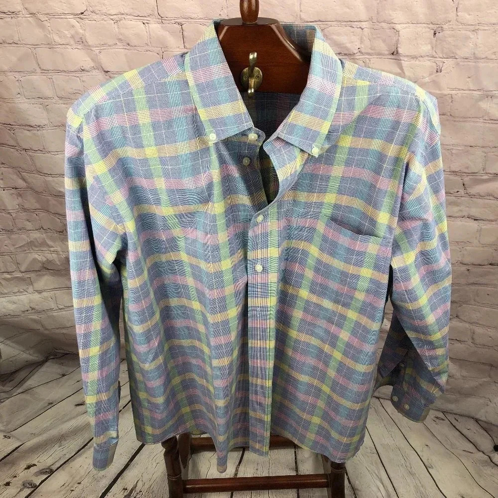 alan flusser pastel plaid button down shirt size large
